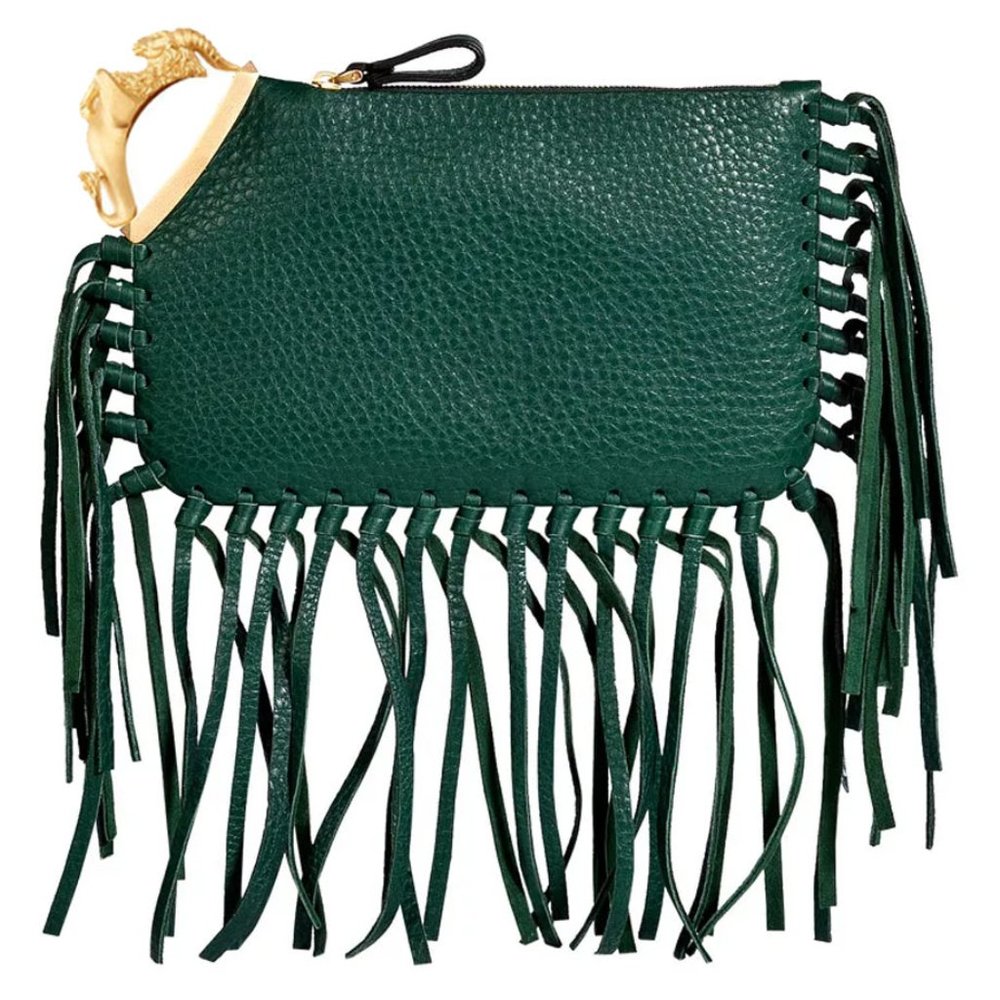 VALENTINO Garavani Green Leather Scarab Fringe Clutch Bag